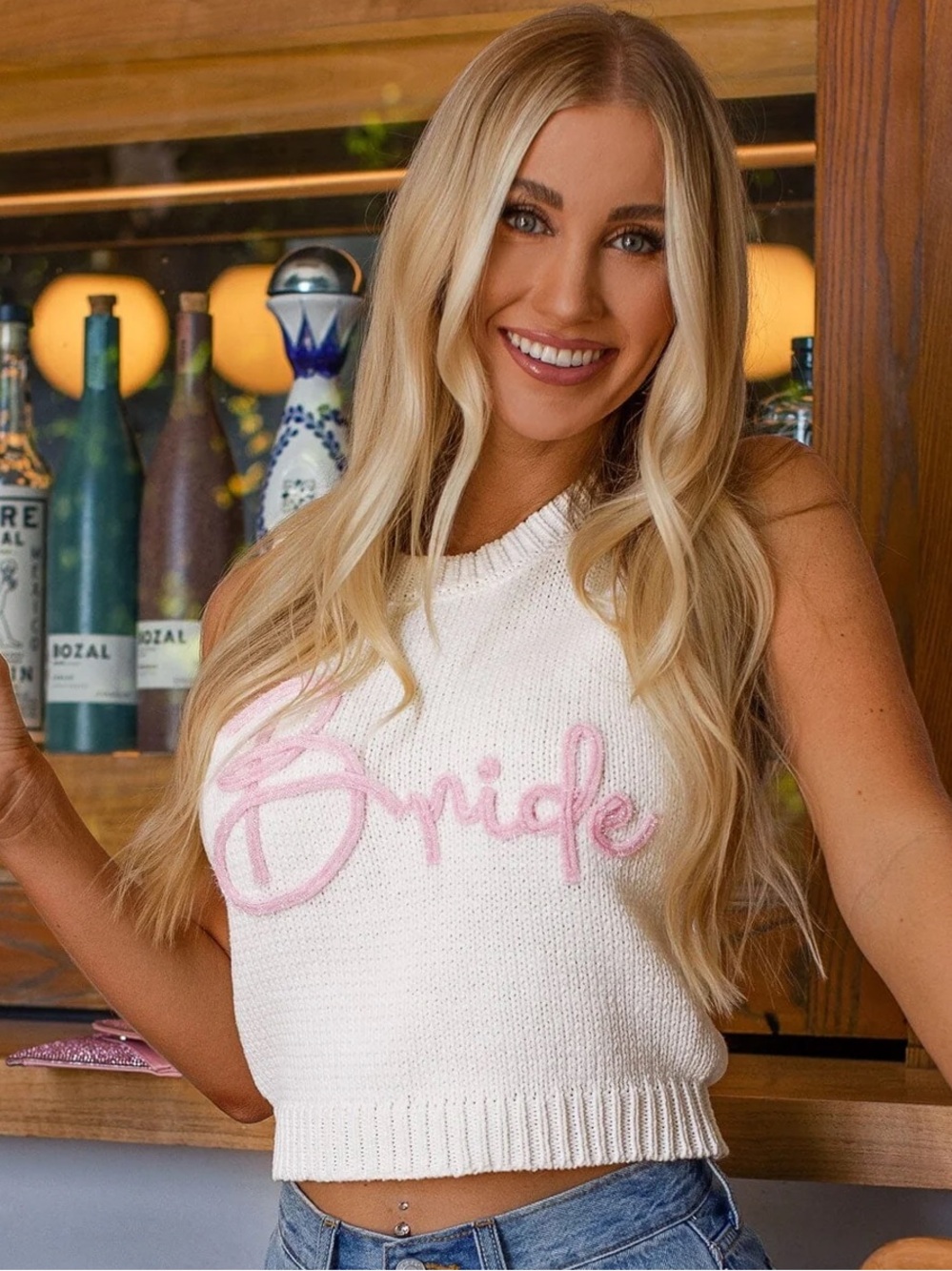 LeLis Cream Knit Sleeveless Sweater Top with Pink 'Bride' Script